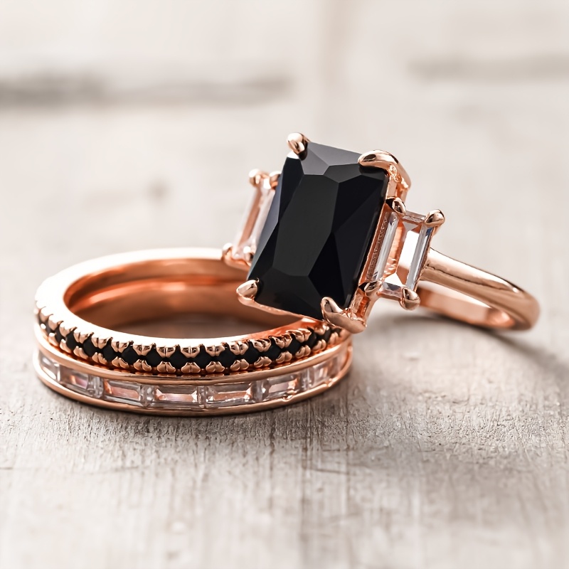 3pc Vintage Inlay Black Synthetic Zircon Square Ring Set